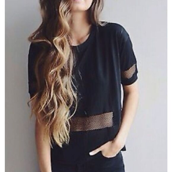 Brandy Melville Mesh See Through Panel Black Tee - One Size - Picture 2 of 5